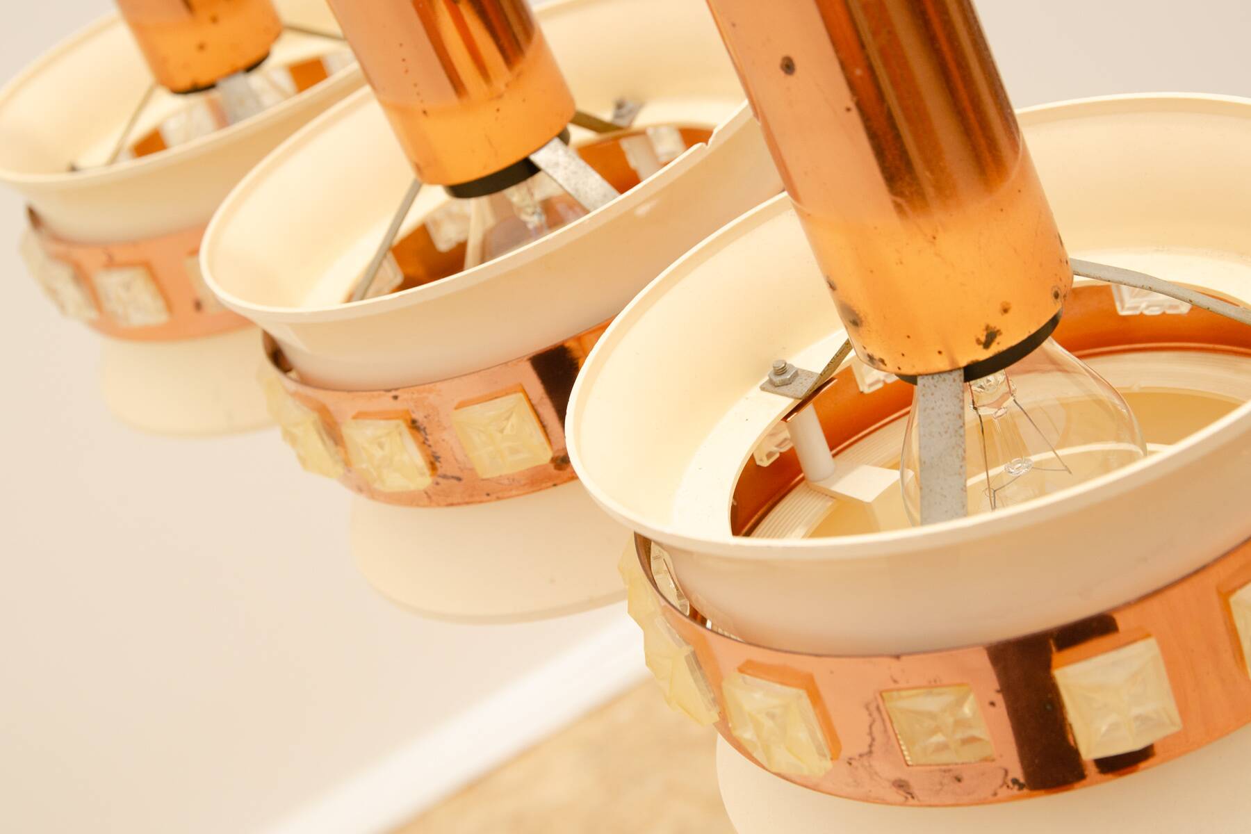 Vintage hanging lamp with three cut glass lampshades, Kamenický Šenov, 1970´s