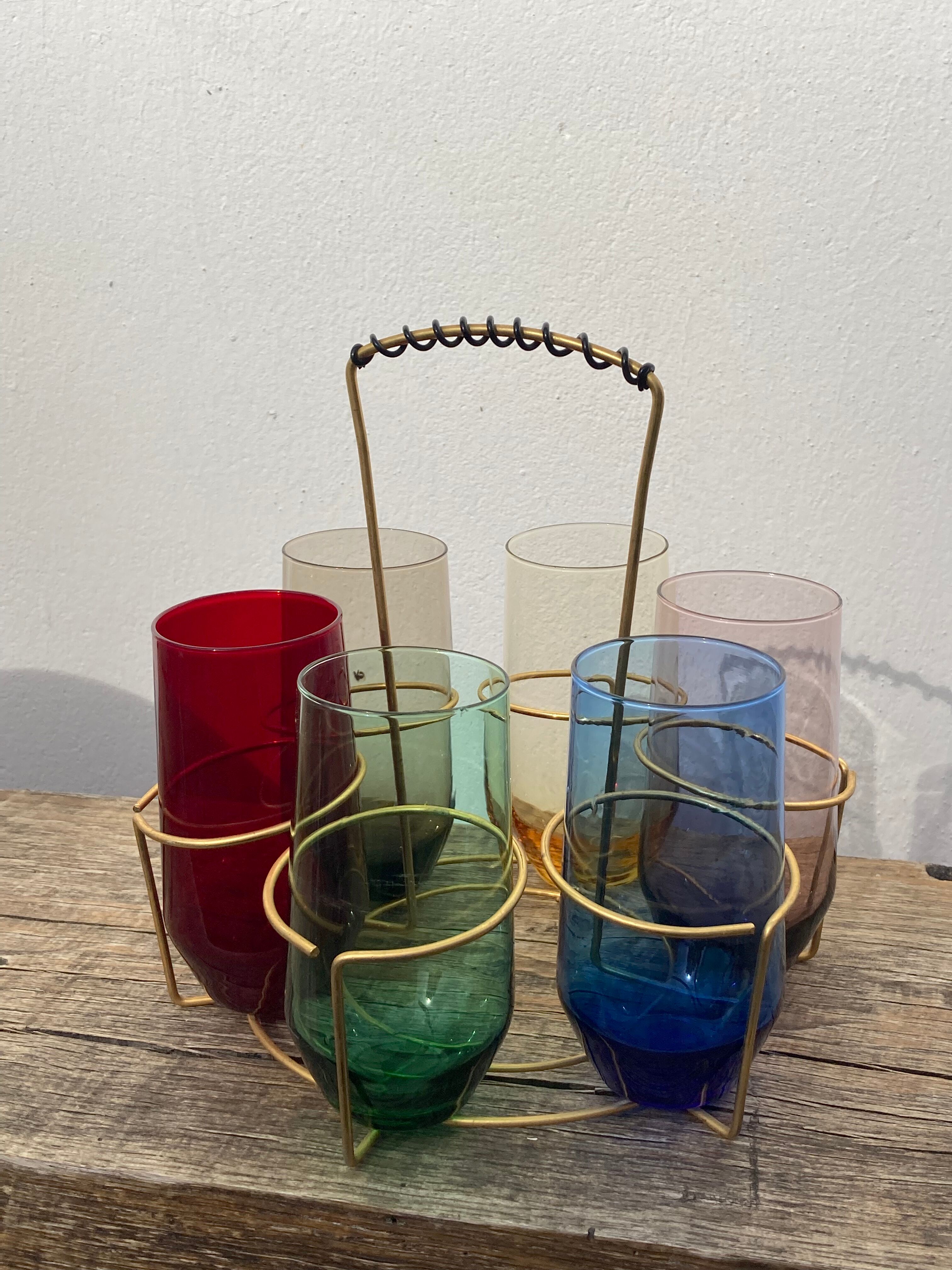 Crystal coloured water glasses in gilded metal glass holders 1970