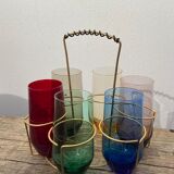 Crystal coloured water glasses in gilded metal glass holders 1970