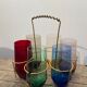 Crystal coloured water glasses in gilded metal glass holders 1970