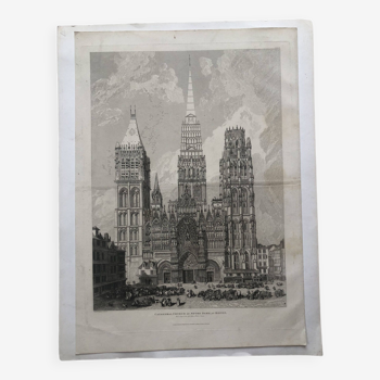 Eau forte 1821 cathédrale de rouen, gravure anglaise de cotman, publié par arch & cornhill, église