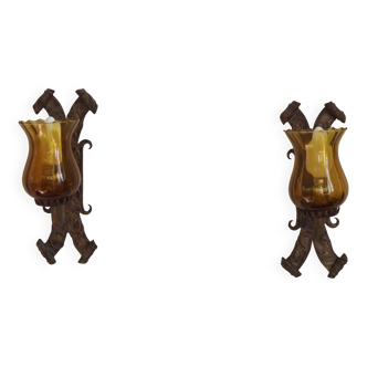 Pair of Hand Forged Wrought Iron Medieval Style Wall Lights Amber Shades 42