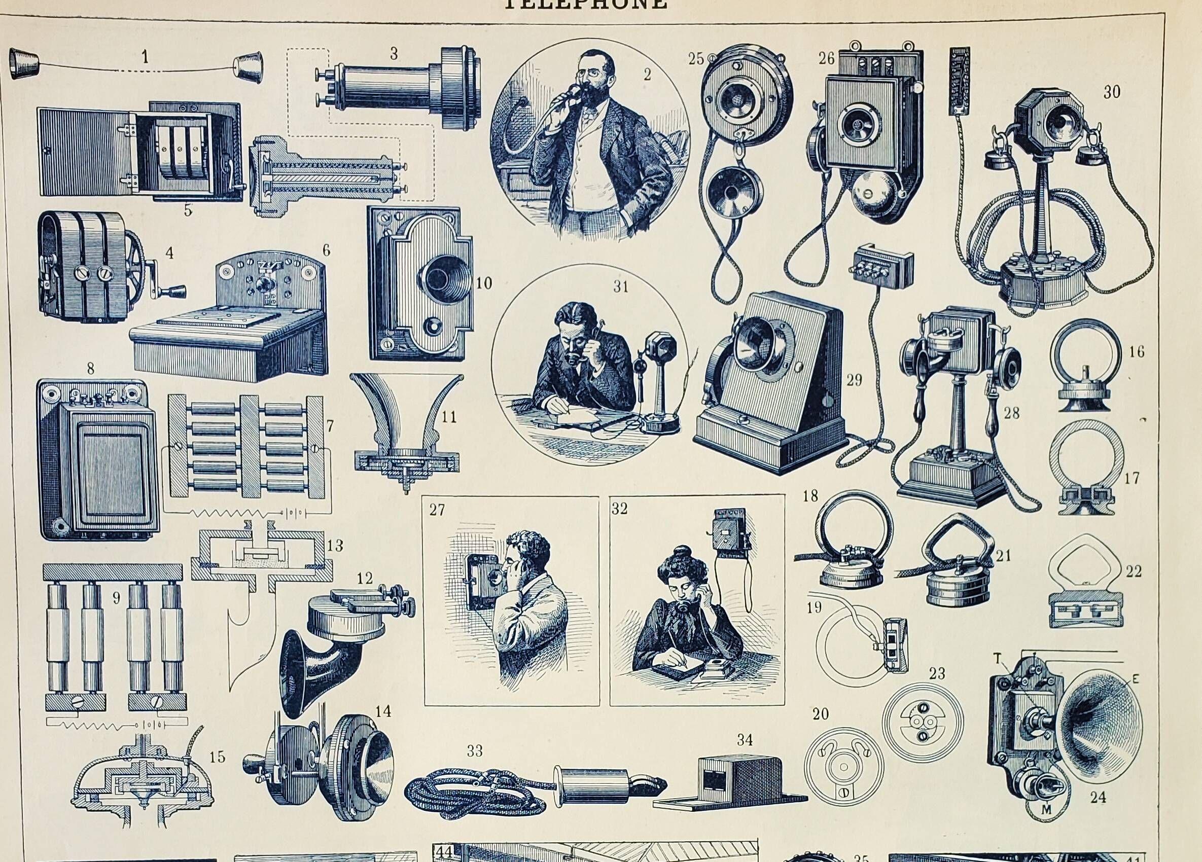Old engraving 1898, Old telephone, telegraph • Original and vintage lithograph