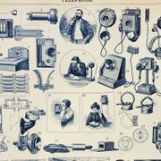 Gravure ancienne 1898, Téléphone ancien, télégraphe • Lithographie originale et vintage