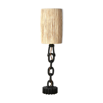 Lampe maillons de chaine, abat jour raphia, années 50