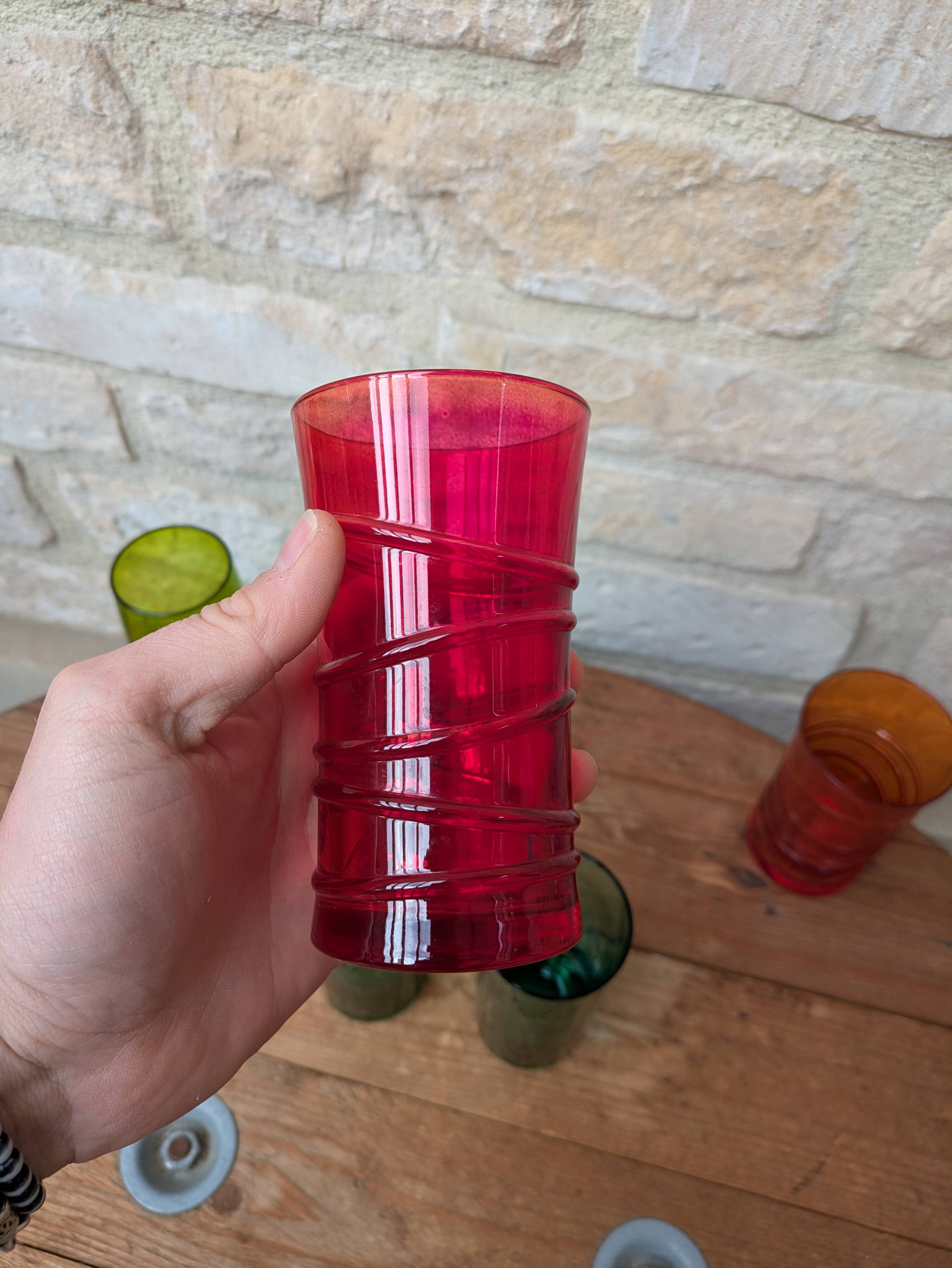 Mismatched colored glass orangeade set with pitcher and 6 glasses