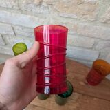 Mismatched colored glass orangeade set with pitcher and 6 glasses