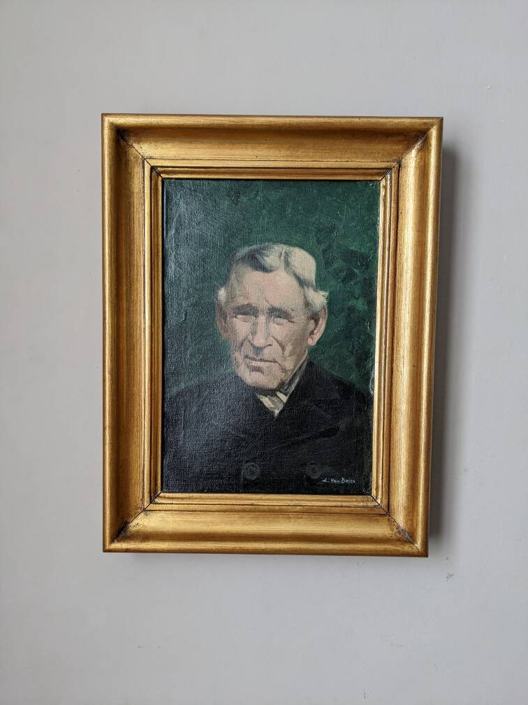 Old oil on canvas portrait of a man from the 20th century, countryside decoration, golden frame