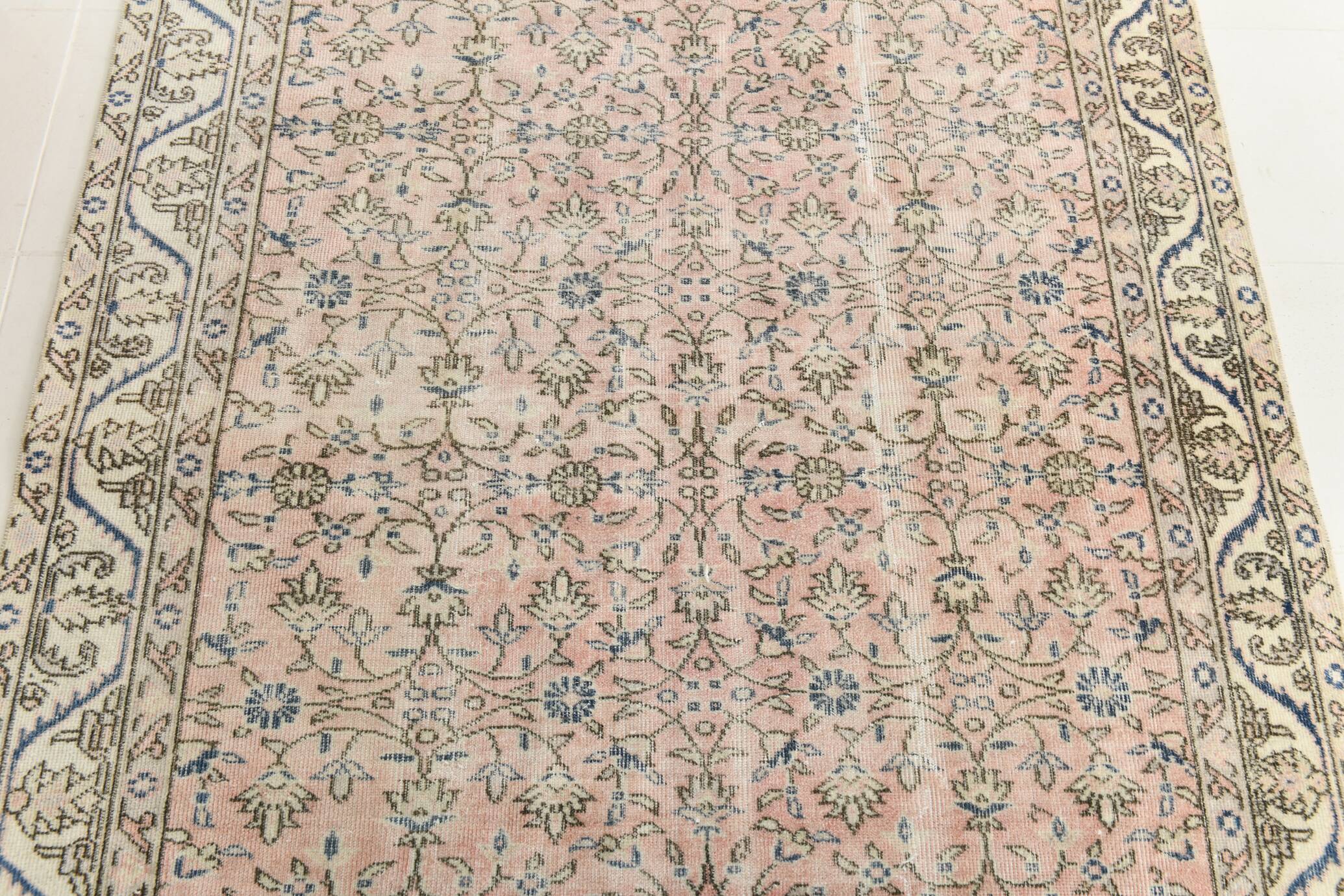Light Pink & Blue Floral Turkish Vintage Rug, 155x248Cm