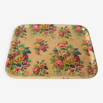 Old fiberglass serving tray with floral flower decor, 1970s retro