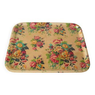 Old fiberglass serving tray with floral flower decor, 1970s retro