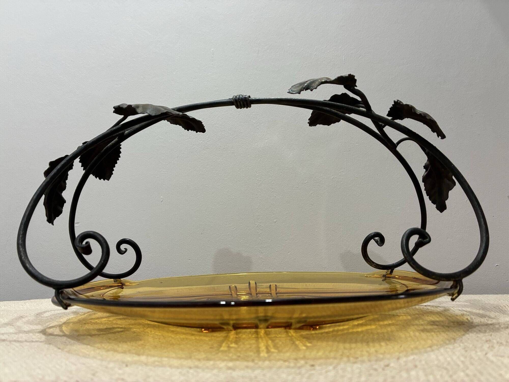 Val Saint Lambert amber glass bowl, Candide series, metal leaf mount