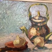 Tableau nature morte au couteau sur carton signé