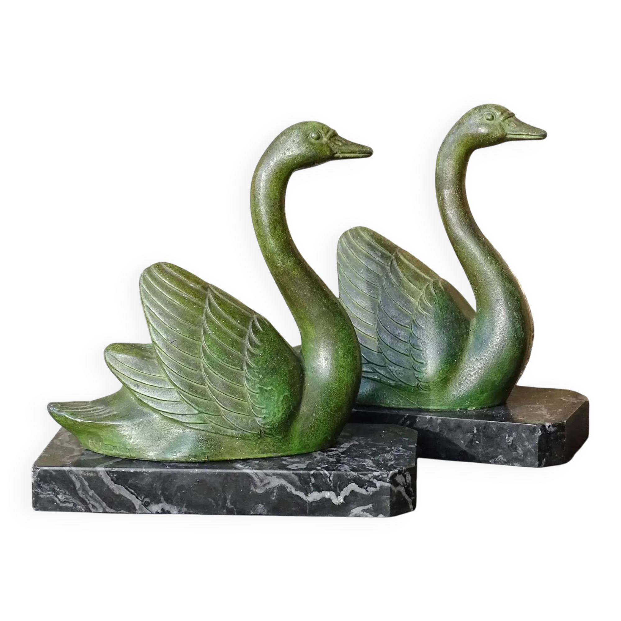 Serre-livres cygnes vintage sur socles en marbre