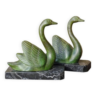 Serre-livres cygnes vintage sur socles en marbre