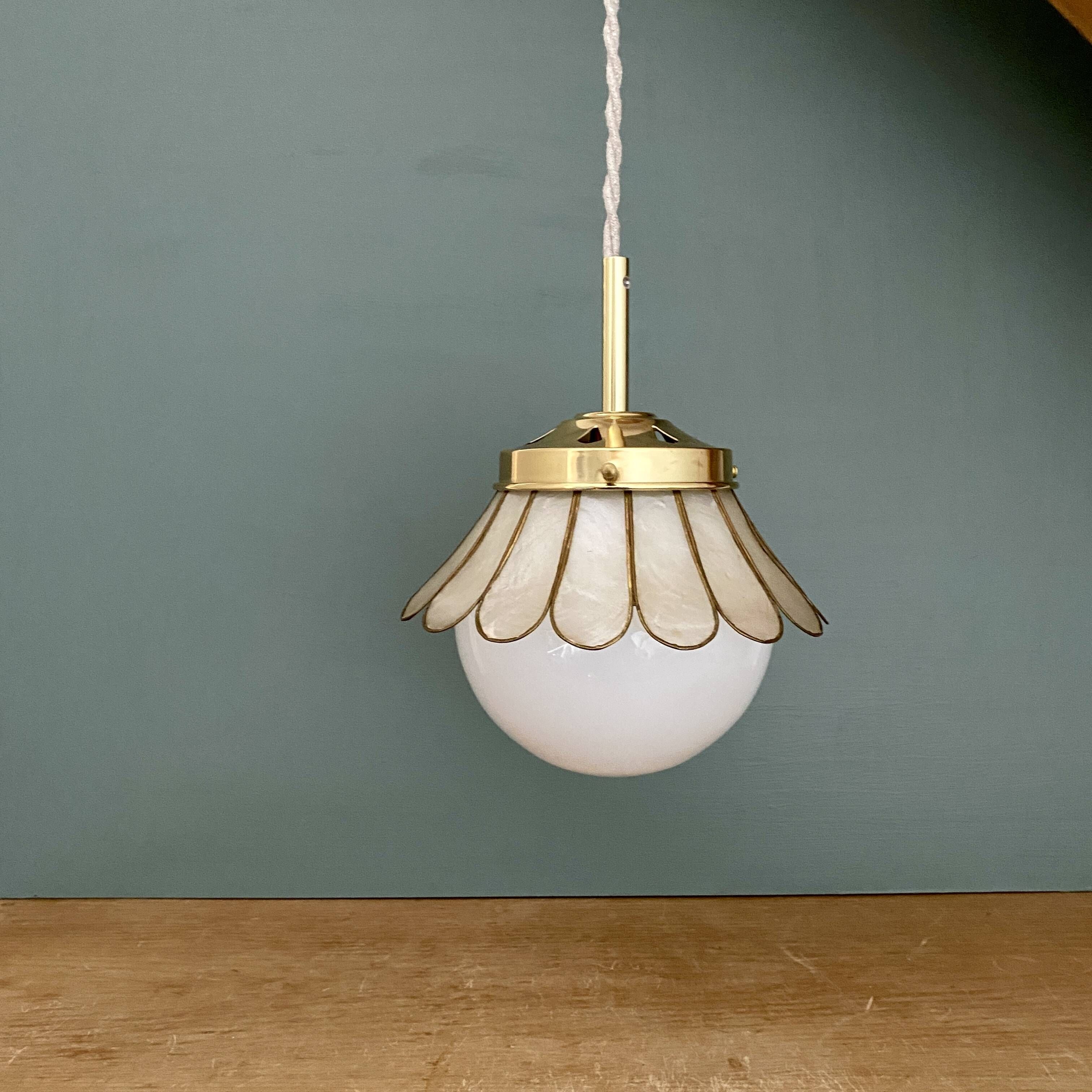 Globe pendant light and vintage lampshade in opaline and mother-of-pearl