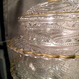Butter dish or candy dish in pressed glass molded with golden rim