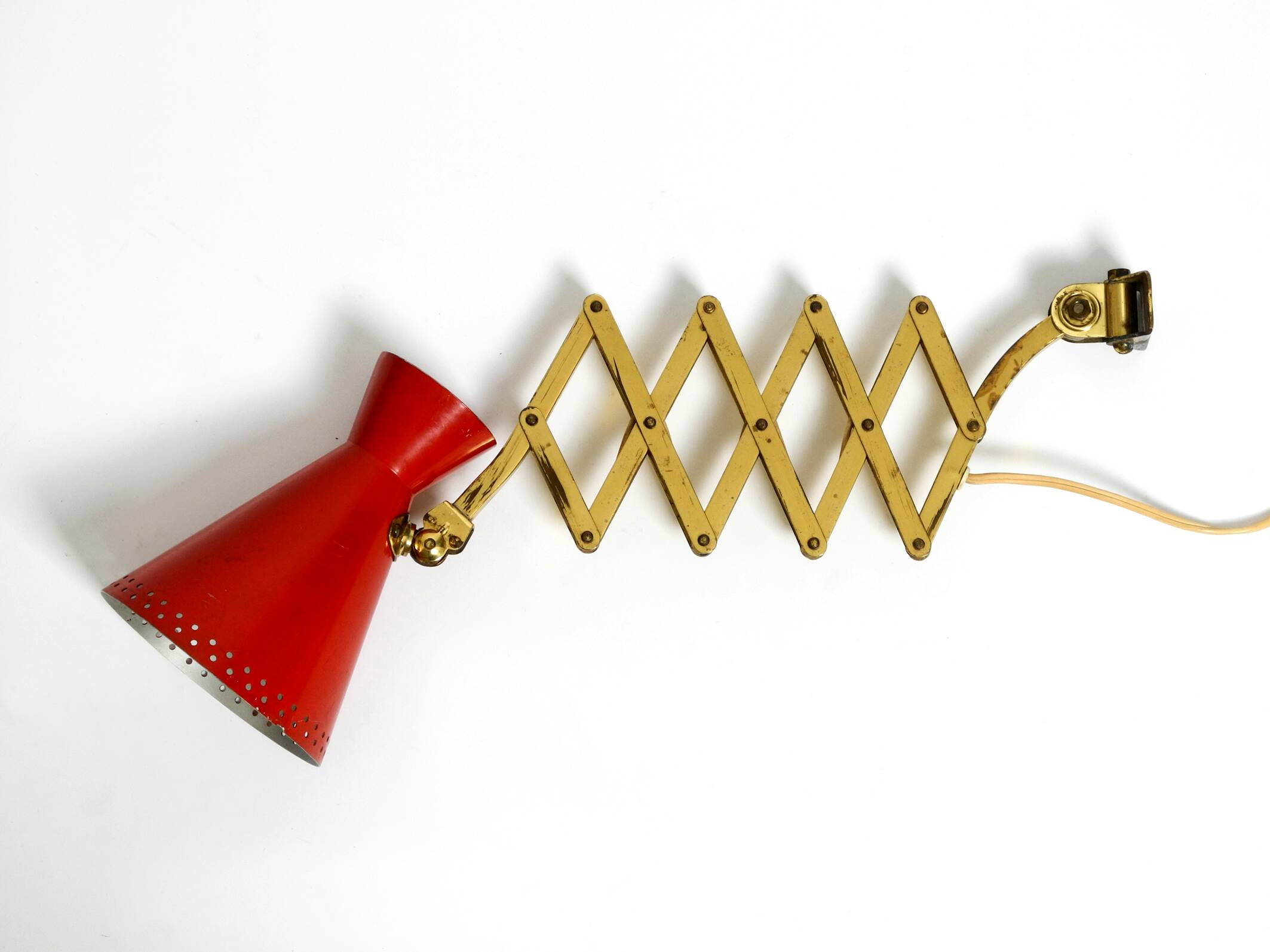 1950s brass extendable scissor wall lamp with aluminum diabolo shade in red