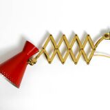1950s brass extendable scissor wall lamp with aluminum diabolo shade in red