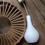 Scandinavian cylindrical pendant lamp with rattan dial and opaline in real and smoked glass