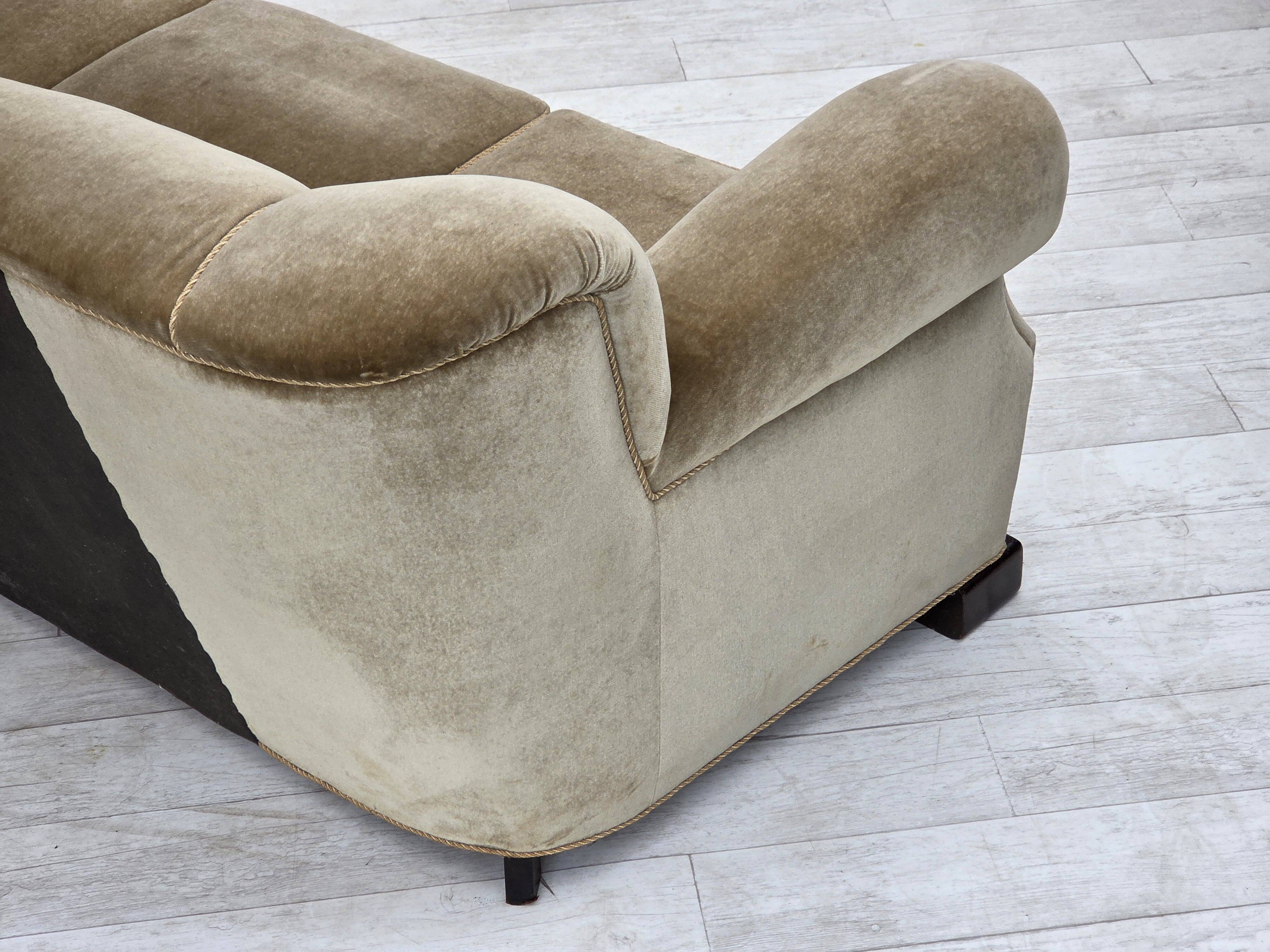 1960s, Danish 3-seater sofa, green furniture velour, oak wood legs.