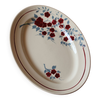 Oval dish Badonviller Ferrières red flowers blue Art Deco
