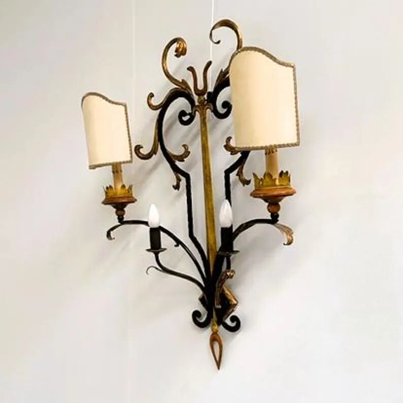 Vintage Florentine Wall Sconce XL in Forged Iron and Painted Sheet Metal – Black and Gold, 1970s