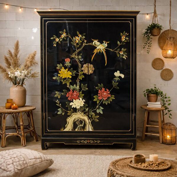 Cabinet vintage chinois en laque noire avec des oiseaux et des fleurs bohémien