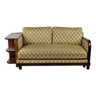 Art Decò sofa in walnut with side bookcase