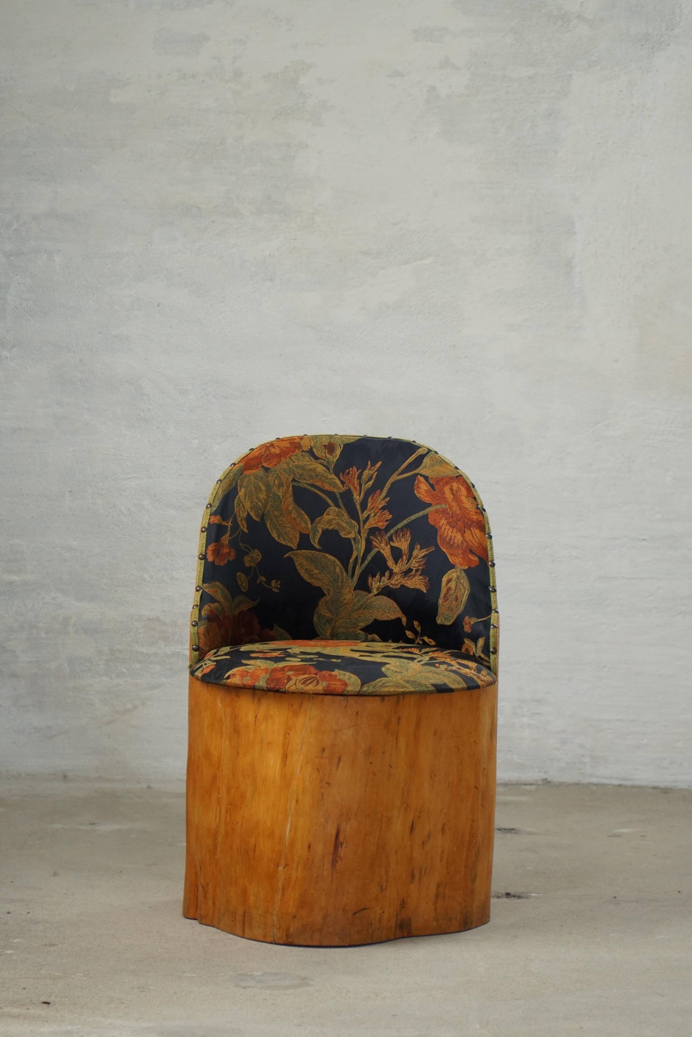 Swedish stump chair / "Kubstol" in pine and floral upholstery, mid-20th century