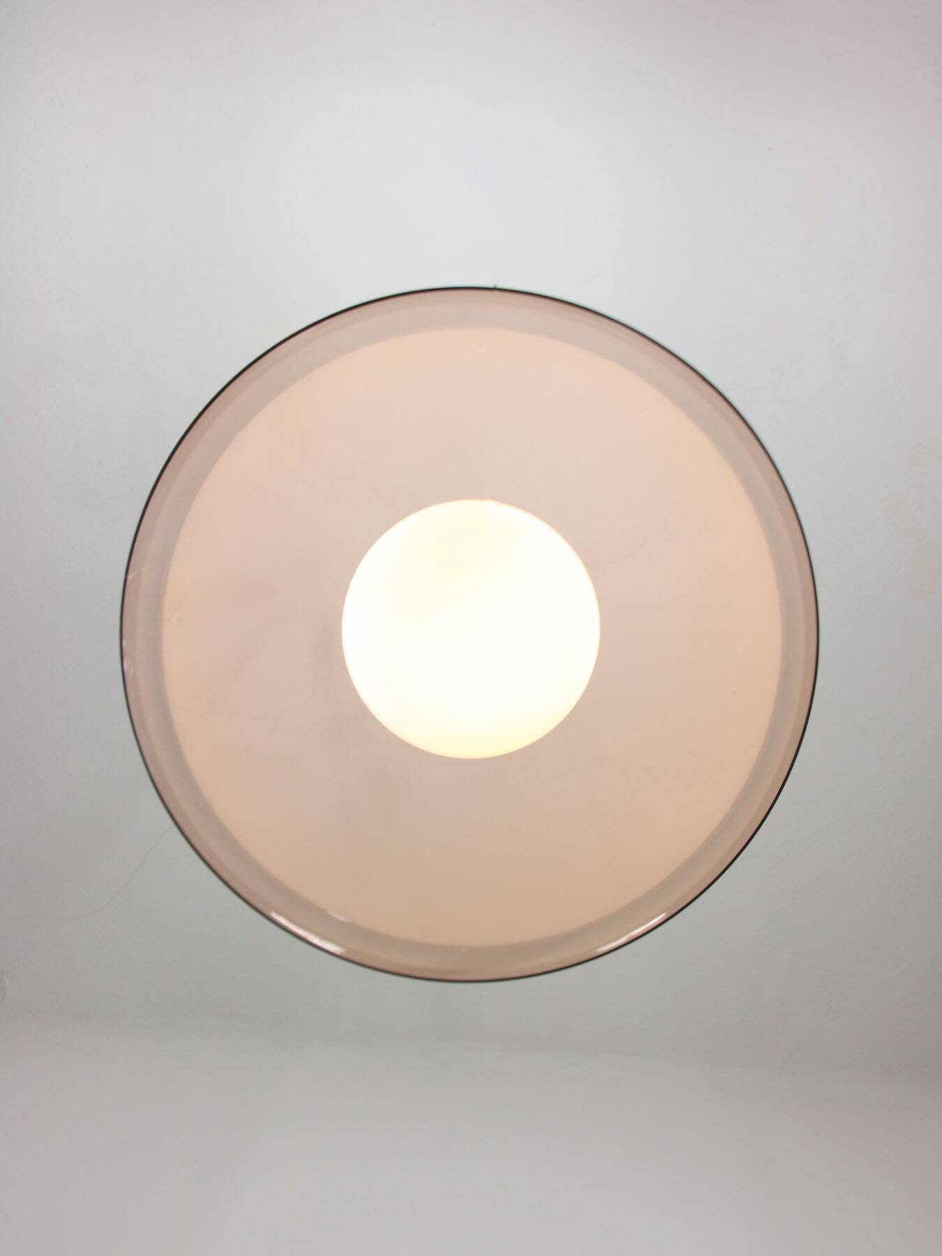 Space-age italian brass, opaline and plexiglass pendant lamp