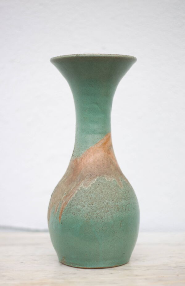 Vase vintage, vase balustre style raku, vase grand col, vase céramique vert céladon