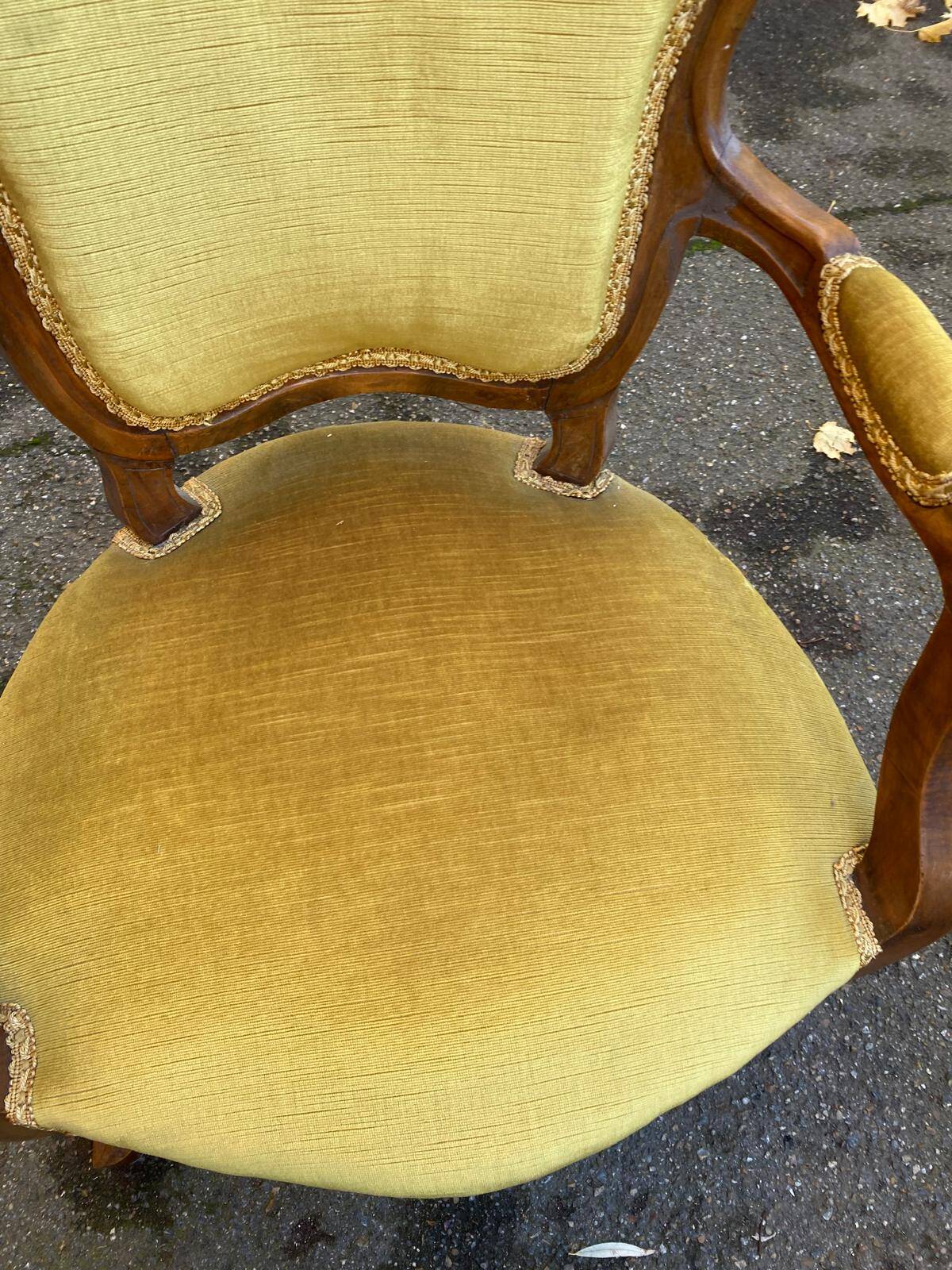 Louis Philippe armchair in oak and mustard yellow velvet from the 19th century
