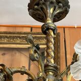 19th century brass and bronze chandelier, Napoleon III, illuminated by 6 tulips and a central globe