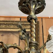 19th century brass and bronze chandelier, Napoleon III, illuminated by 6 tulips and a central globe