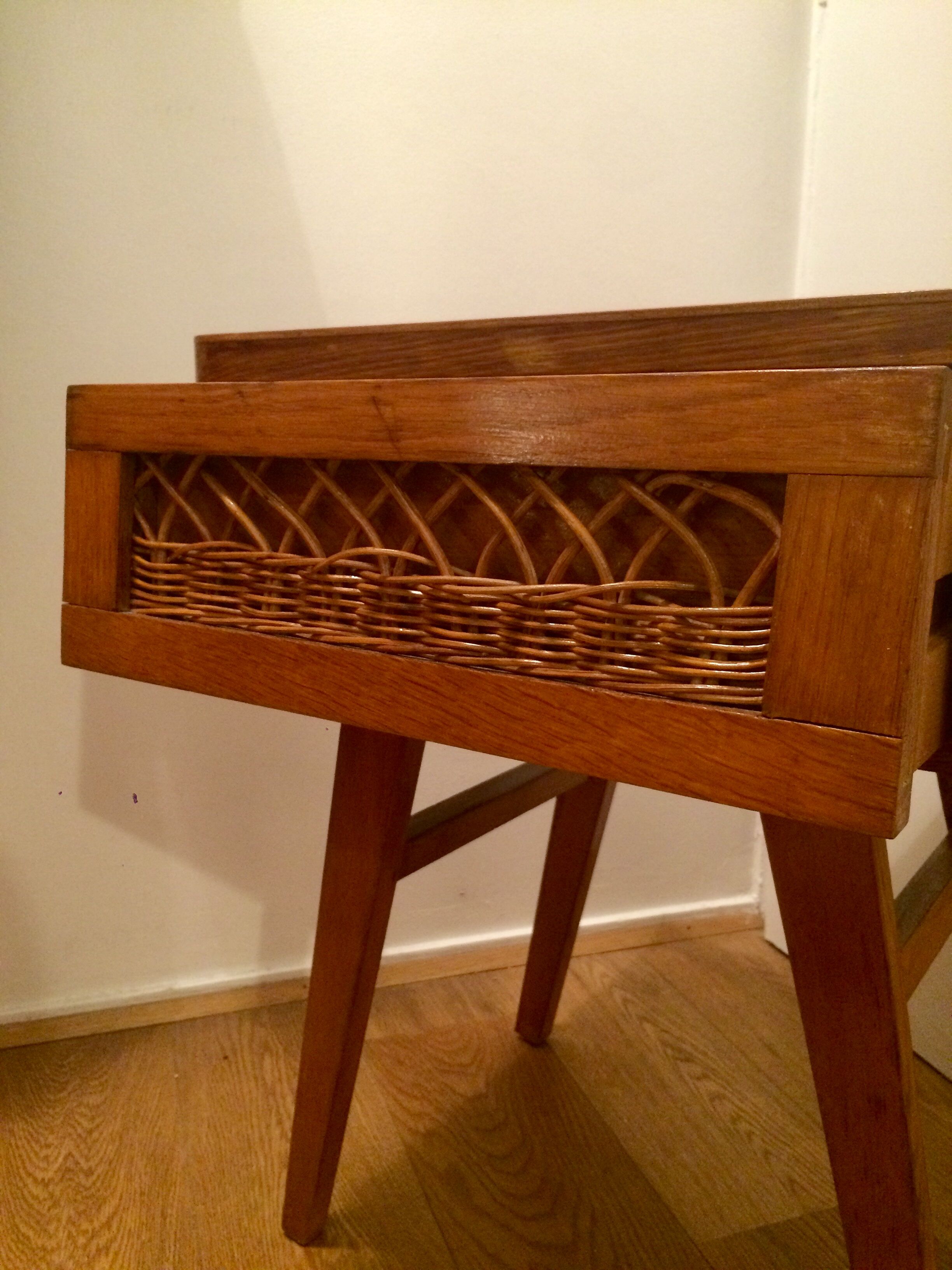 Vintage bedside table wood and rattan