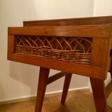 Vintage bedside table wood and rattan
