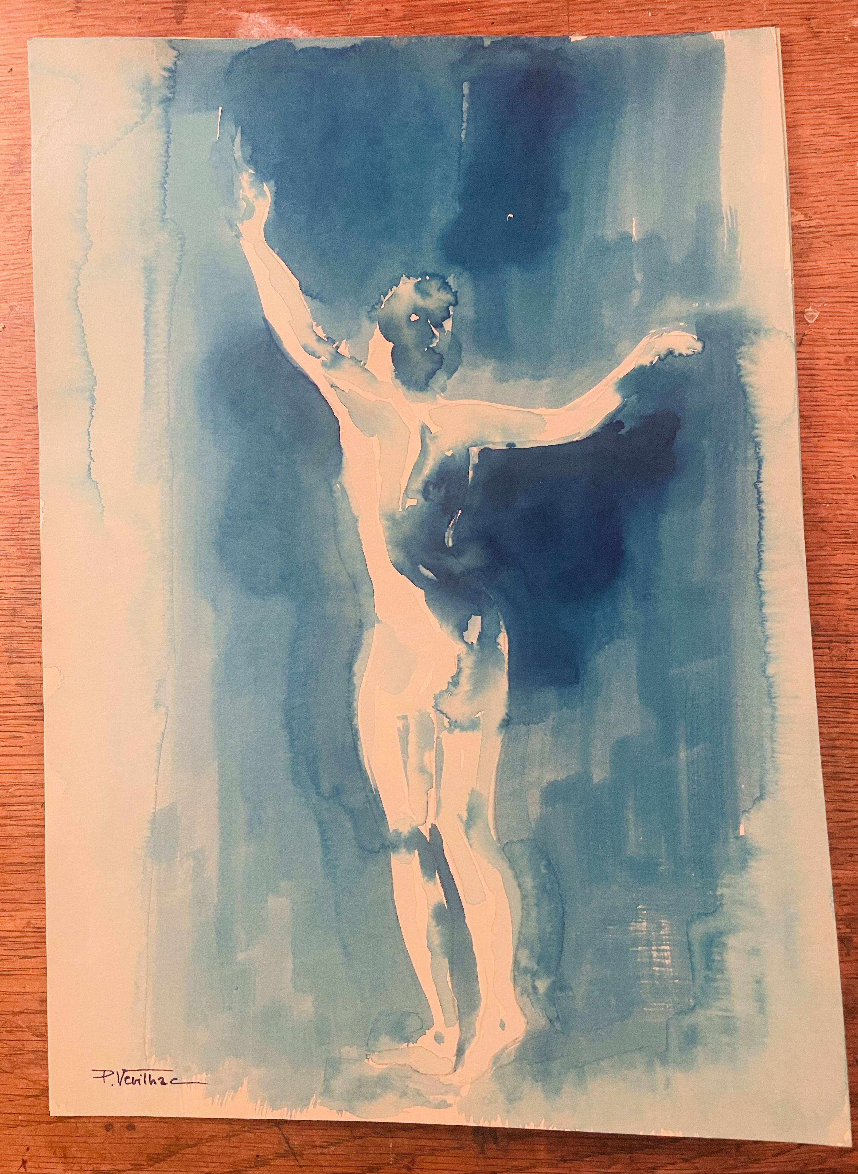 Monochrome blue watercolour tableau collection "Blue Lady" Dance, signed.