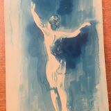 Monochrome blue watercolour tableau collection "Blue Lady" Dance, signed.