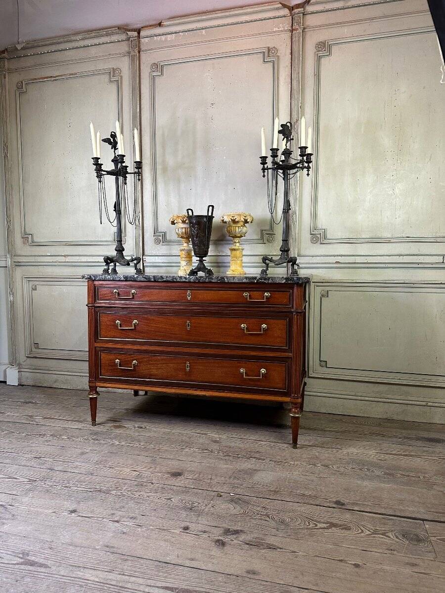 Louis XVI style mahogany commode in three colors, 18th century