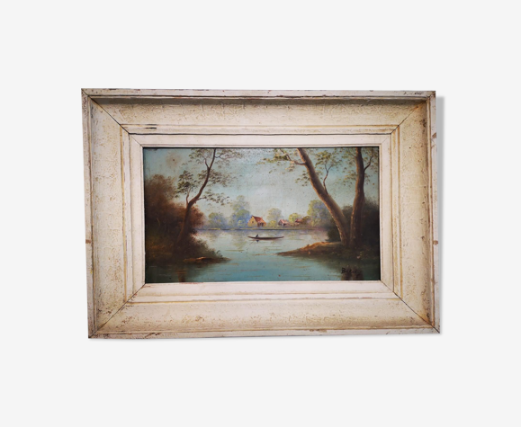 Tableau barque sur un étang