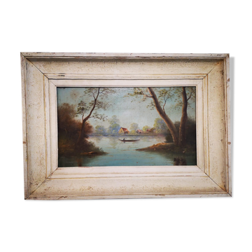 Tableau barque sur un étang