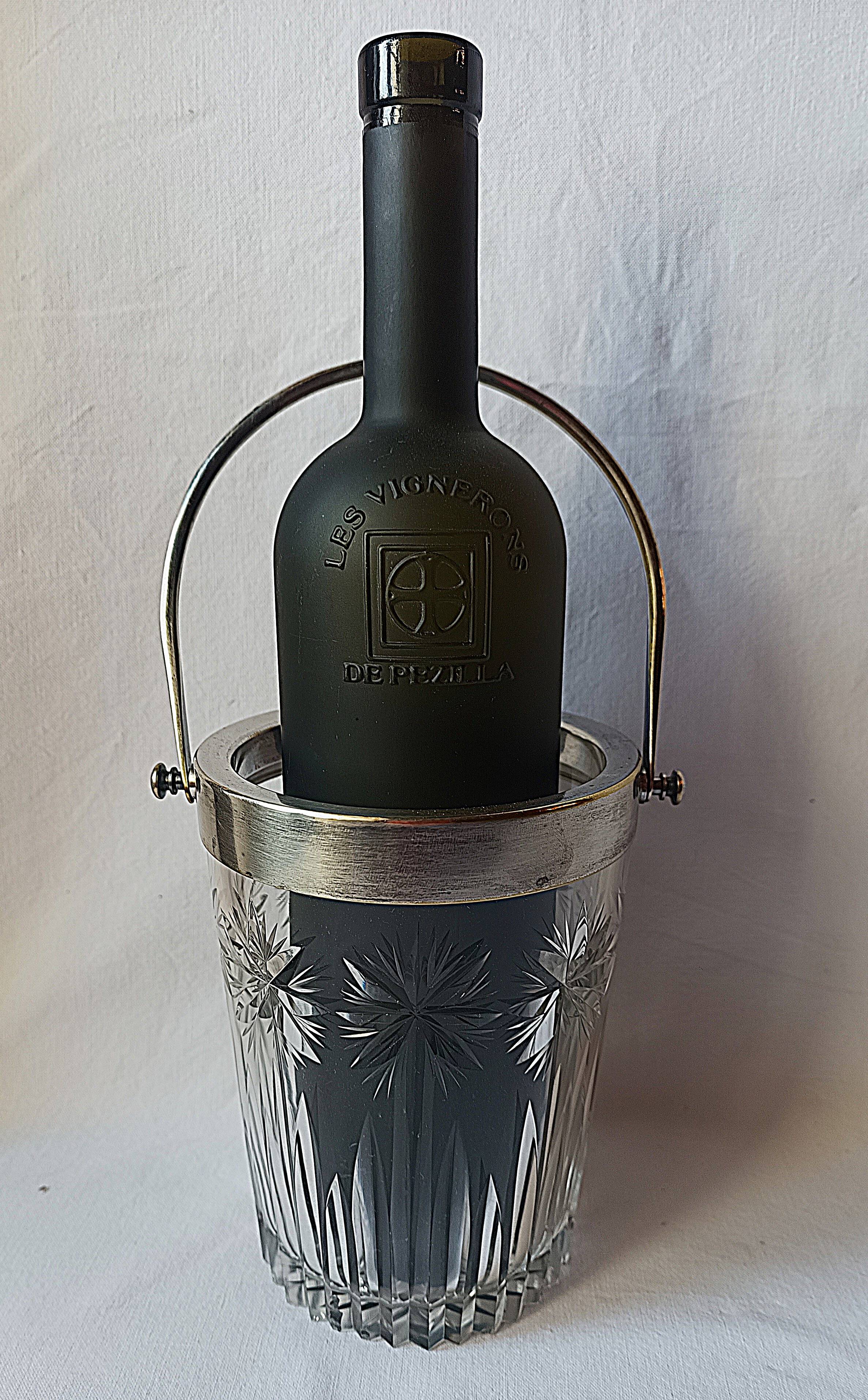 Cut crystal ice bucket, silver-plated metal, marked, cooler service.