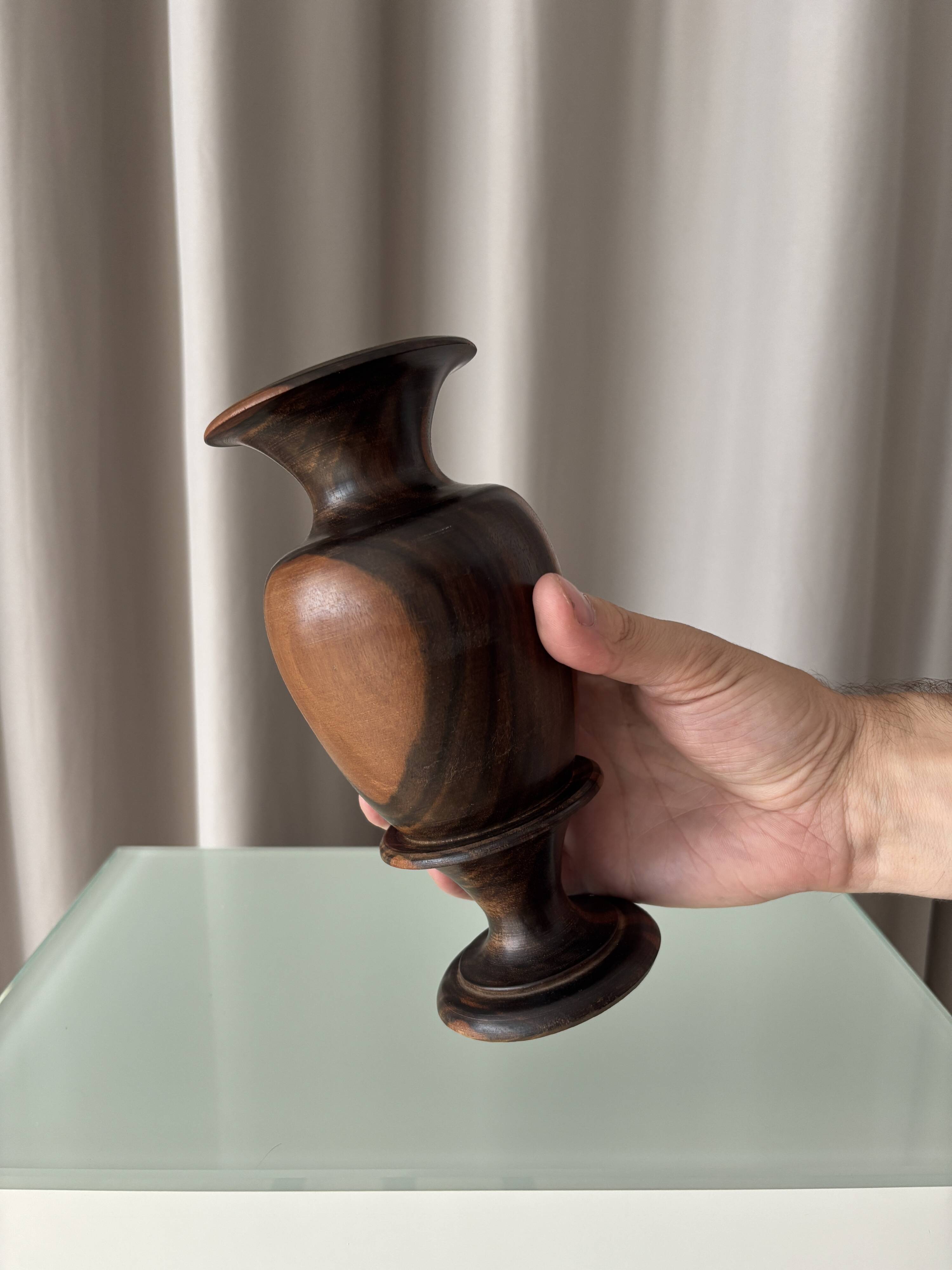 Vintage Sculptural Turned Wood Vase – Dark Hardwood – 20 cm