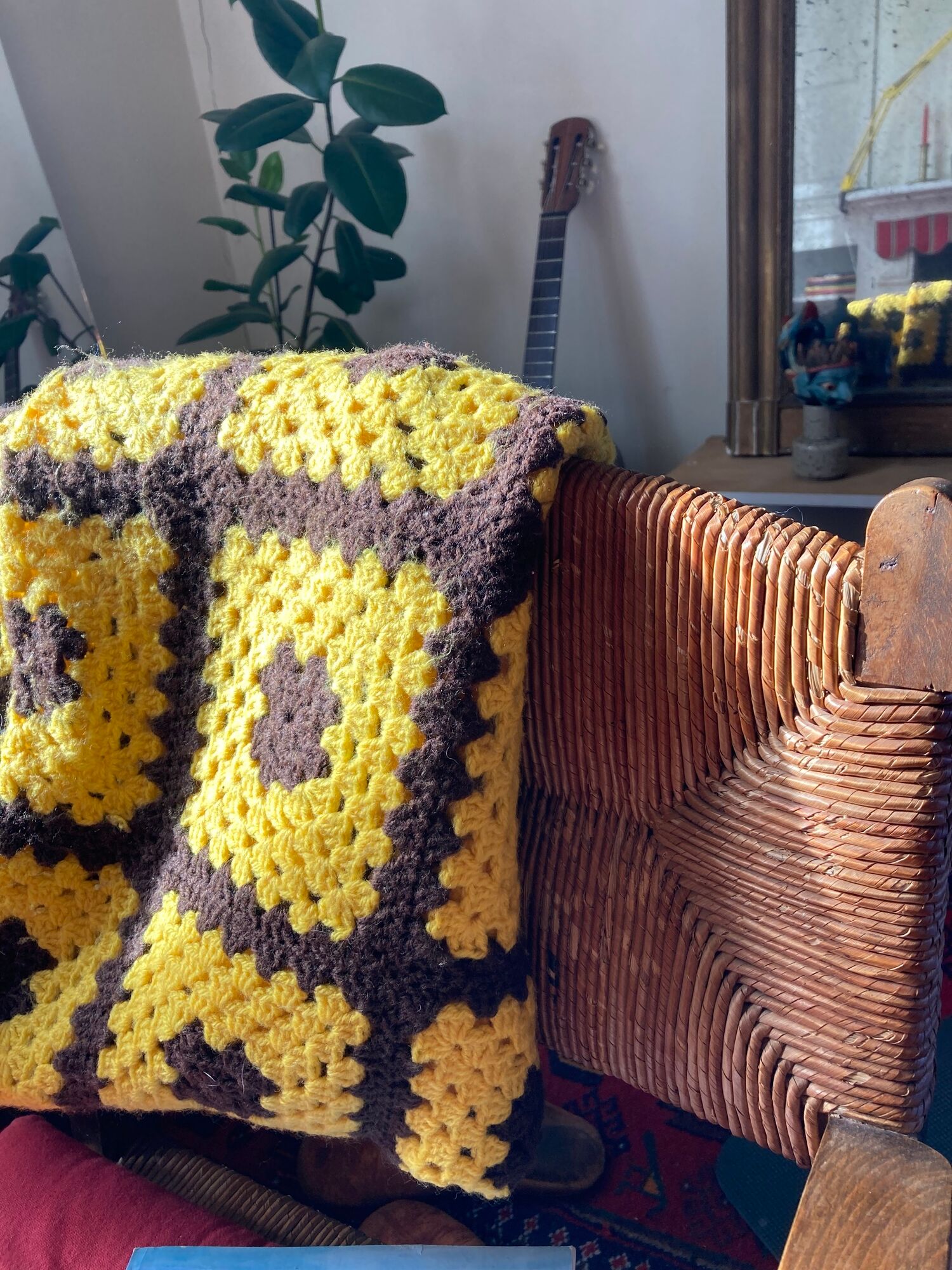 Brown and yellow crochet wool plaid - vintage cover