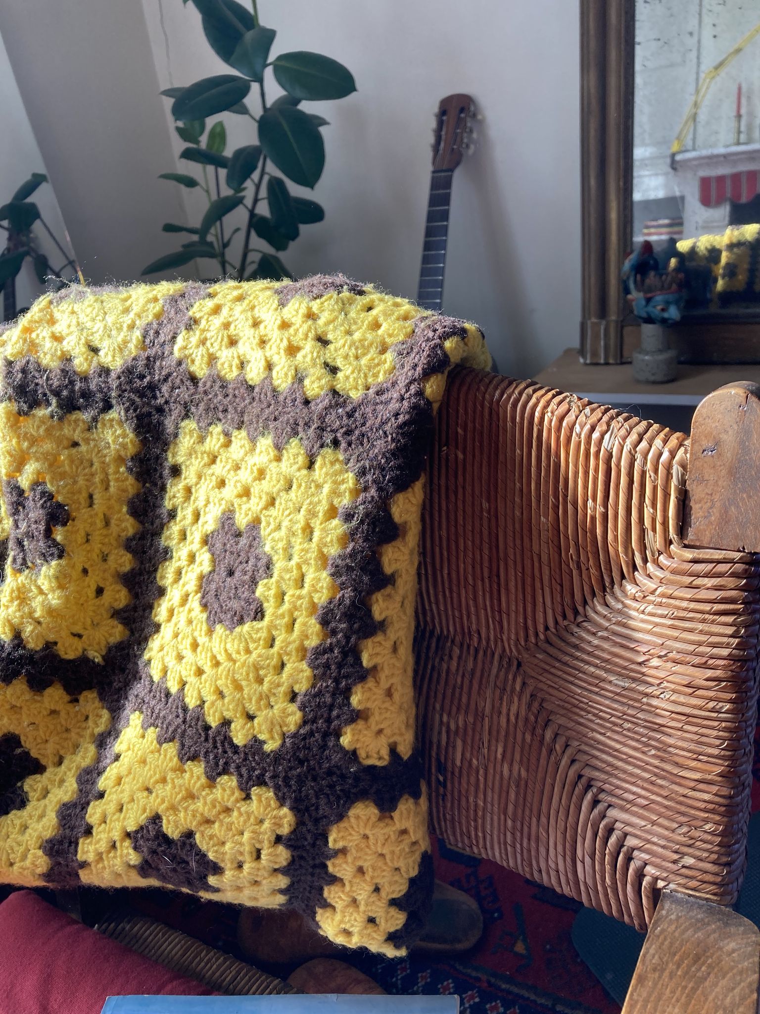 Brown and yellow crochet wool plaid - vintage cover