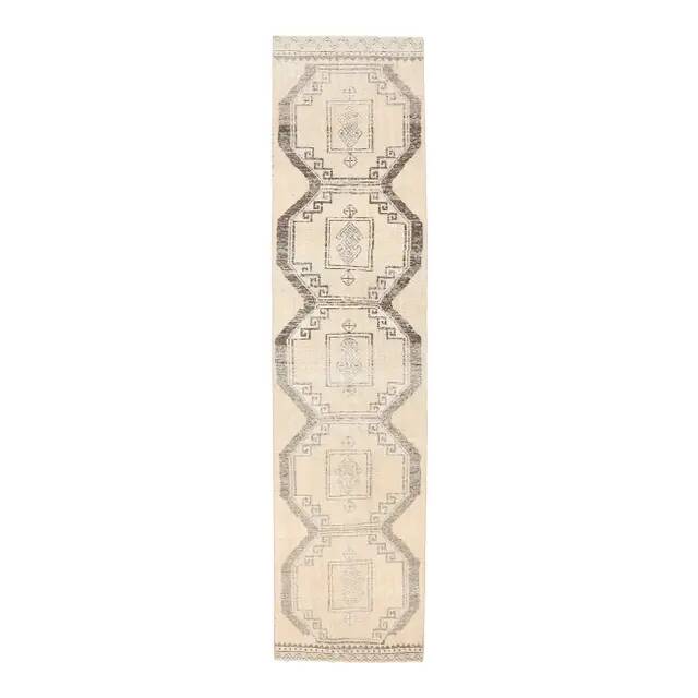Vintage Beige Turkish Hand-Knotted Runner 83X348