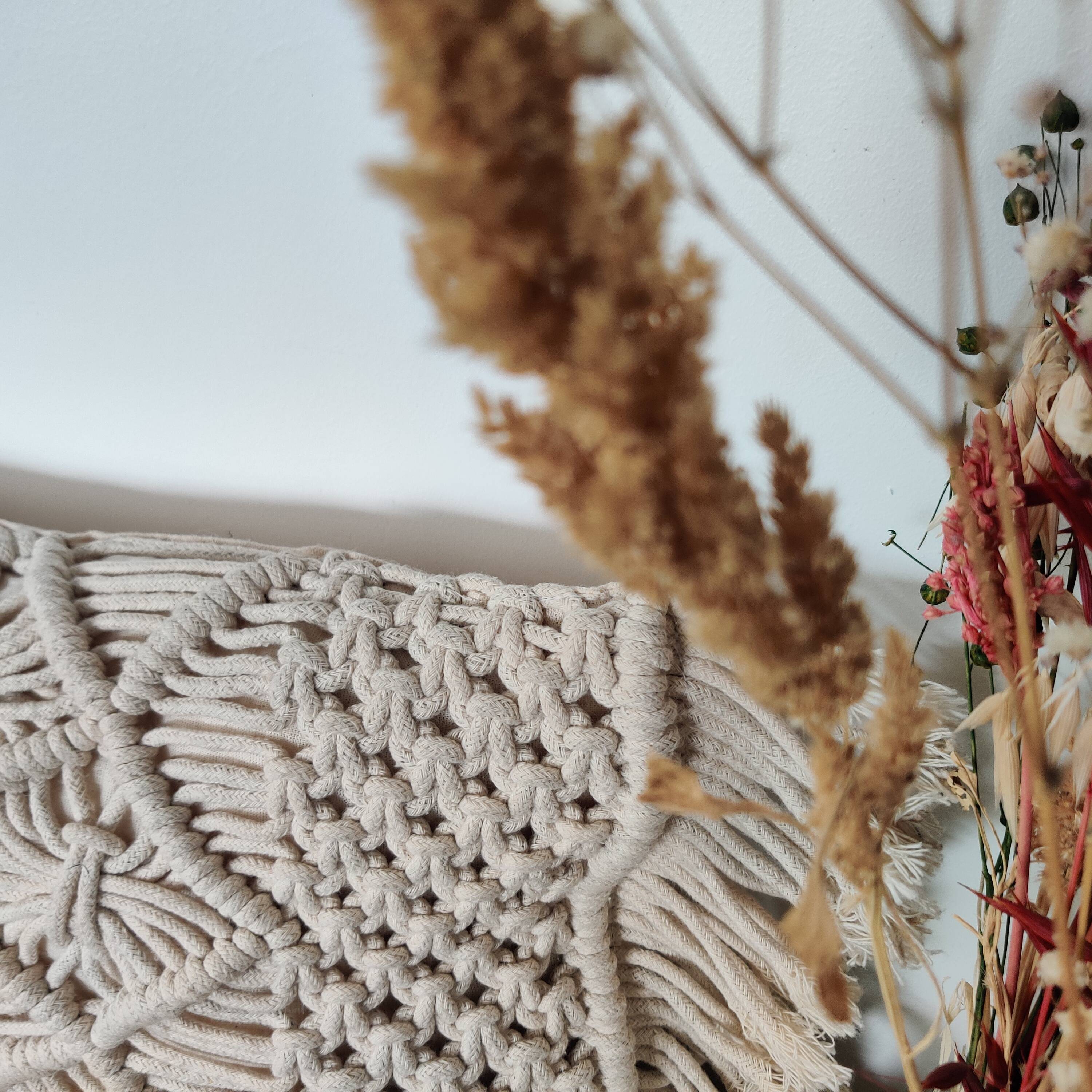 Beige braided macrame cushion 30x50 cm