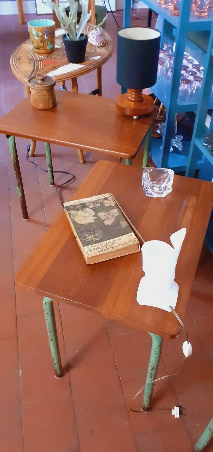 Pair of 1960s tables in tubular metal and solid teak