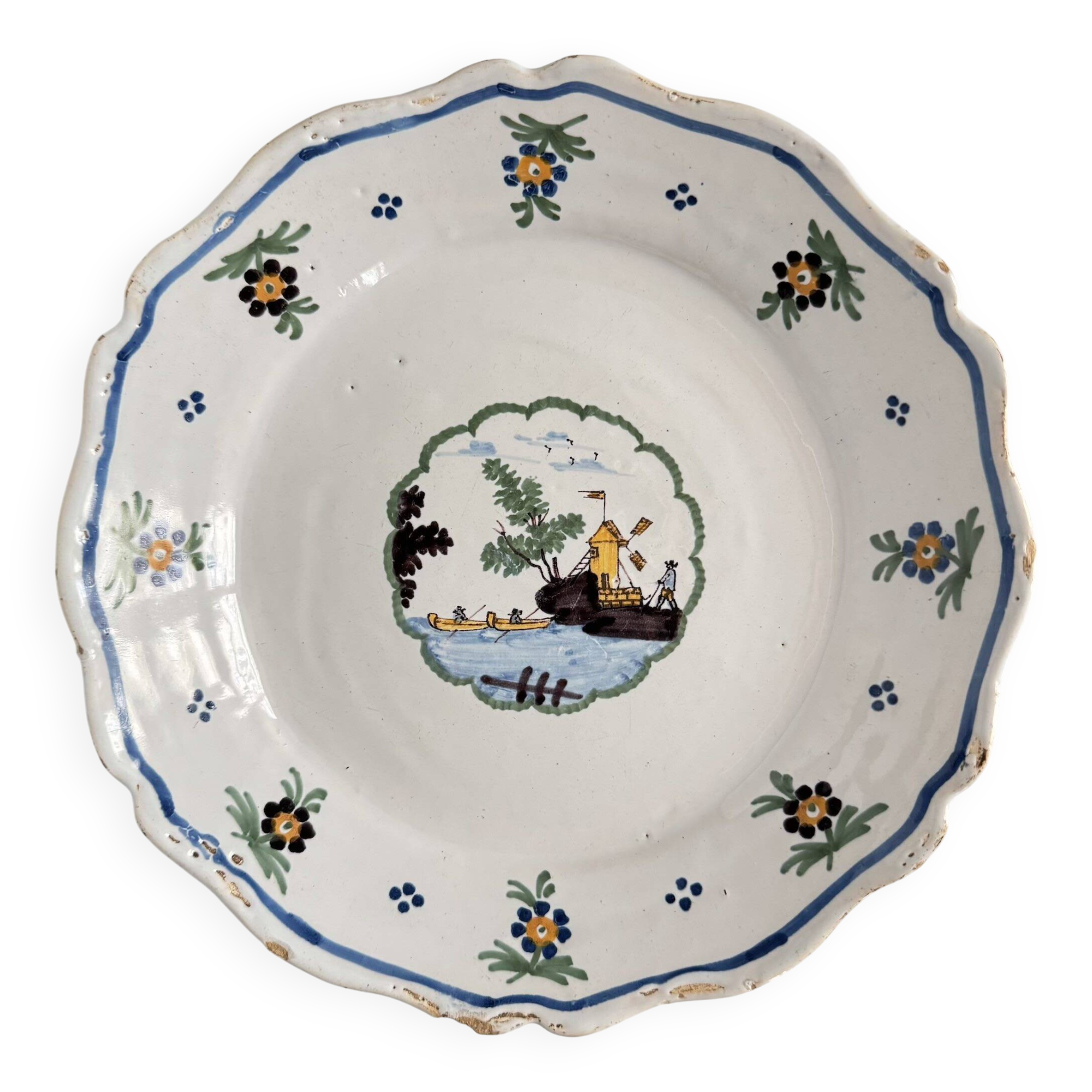 18th Century Nevers Earthenware Plate | Windmill and River
